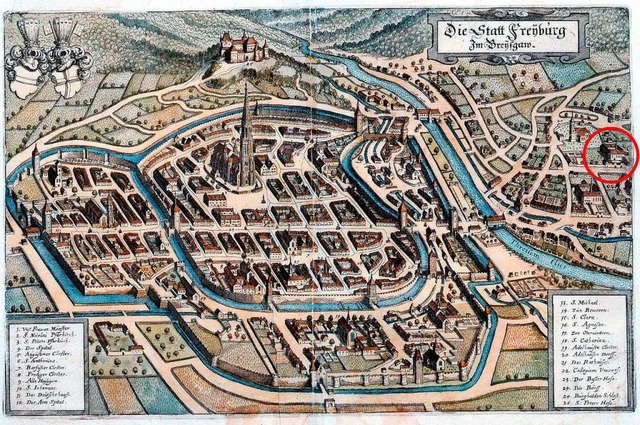 Stadtplan von 1644 &#8211; Matthus Me...Rot umrandet: Das Adelhauser Kloster.)  | Foto: Stdtische Museen Freiburg Augustinermuseum Fotograf Hans-Peter Vieser