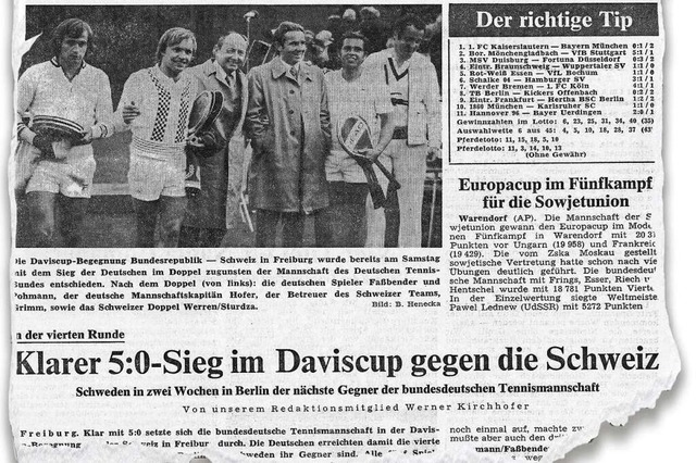 Bericht in der Badischen Zeitung vom 5...75 ber das Daviscupspiel in Freiburg.  | Foto: BZ-Archiv