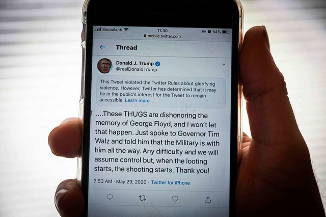 Der Tweet von Trump zu den Ereignissen...1; und mit einem Warnhinweis versehen.  | Foto: OLIVIER MORIN (AFP)
