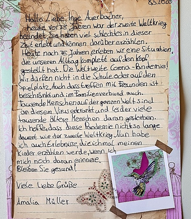 Brief aus dem Fernunterricht an Inge Auerbacher  | Foto: privat