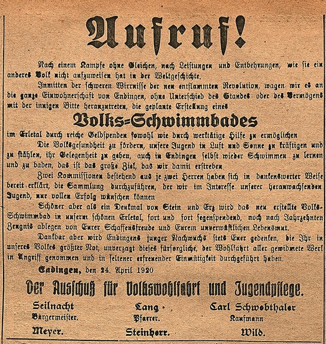 Endingen vor 100 Jahren:  Dieser Aufru...am 24. April 1920 in der Lokalzeitung.  | Foto: Repro: Jrgen Simon