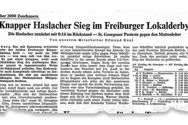 So berichtete die Badische Zeitung 197...Ringer-Derby in der ersten Bundesliga.  | Foto: bz