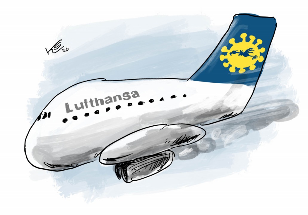 Bis Februar war Lufthansa gut unterweg...r Corona-Pandemie begann der Sinkflug.  | Foto: Klaus Stuttmann
