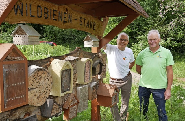 Bernward Lohr (links) und Harald Schlegel  beim Wildbienenhotel  | Foto: Michael Gottstein