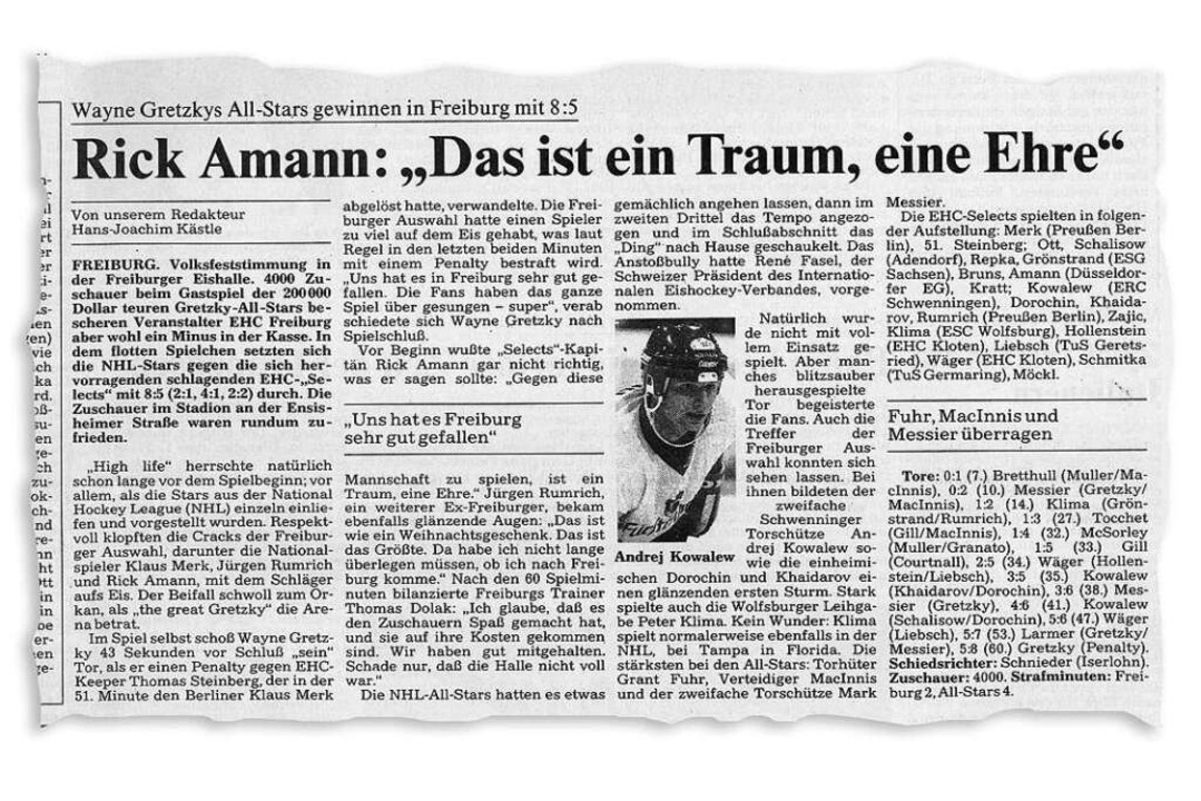 Der Bericht in der Badischen Zeitung ü...er NHL-Allstars vom 15. Dezember 1994.  | Foto: bz