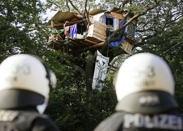 Polizisten stehen im Hambacher Forst a... Aktivisten ein Baumhaus gebaut haben.  | Foto: David Young (dpa)