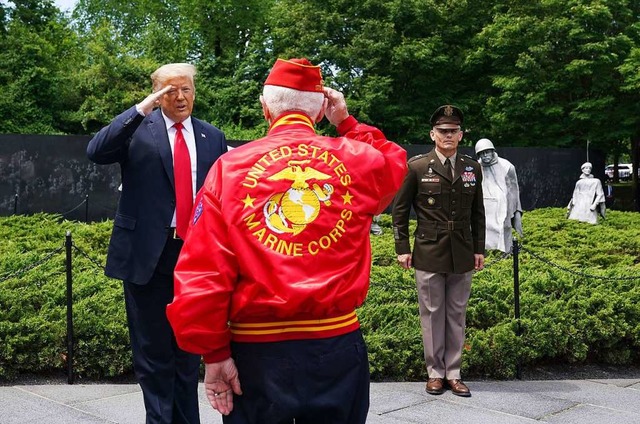US-Prsident Donald Trump salutiert am...emorial in Washington einem Veteranen.  | Foto: MANDEL NGAN (AFP)
