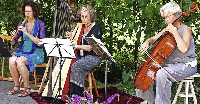Die Fltistin Ursula Oberle, die Harfe...Platz der Hlschematthalle in Eichen.   | Foto: Roswitha Frey