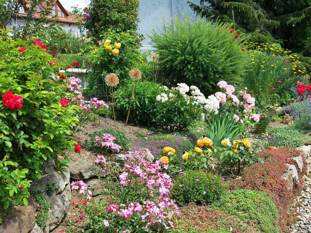 Blumen, Strucher, Bume, Gemse, Kruter und mehr gedeihen im Garten von Ingrid und Herbert Wehrle. Skulpturen, Brunnen, Natursteinmauern, Insektenhotel und Sitzgruppen ergnzen die blhende Oase.