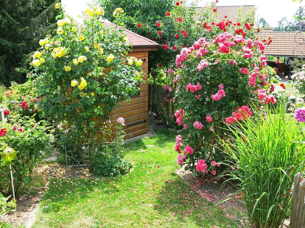 Blumen, Strucher, Bume, Gemse, Kruter und mehr gedeihen im Garten von Ingrid und Herbert Wehrle. Skulpturen, Brunnen, Natursteinmauern, Insektenhotel und Sitzgruppen ergnzen die blhende Oase.