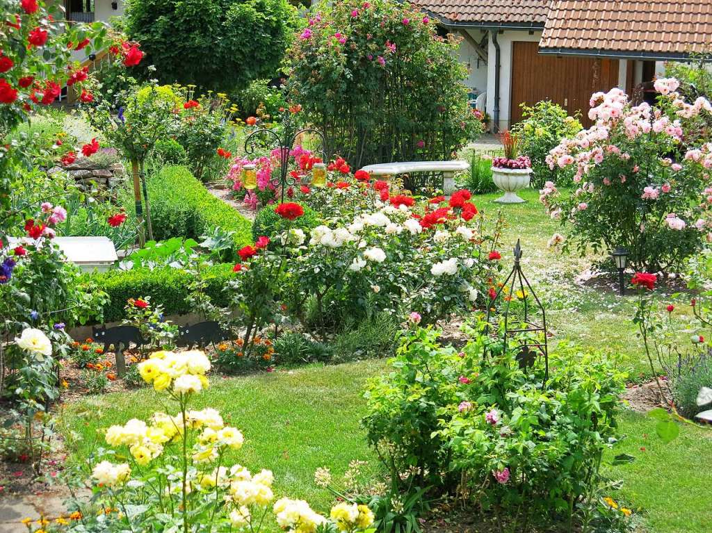 Blumen, Strucher, Bume, Gemse, Kruter und mehr gedeihen im Garten von Ingrid und Herbert Wehrle. Skulpturen, Brunnen, Natursteinmauern, Insektenhotel und Sitzgruppen ergnzen die blhende Oase.