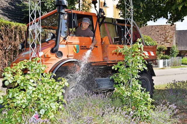 Lssig lehnt sich Helmut Guth aus seinem Unimog und giet Pflanzen.  | Foto: Andrea Steinhart