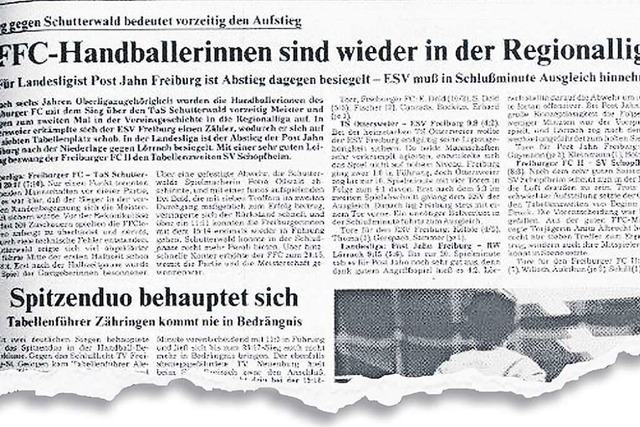 Die Schlagzeile in der Badischen Zeitu...groen Erfolg der FFC-Handballerinnen.  | Foto: Bz-Archiv