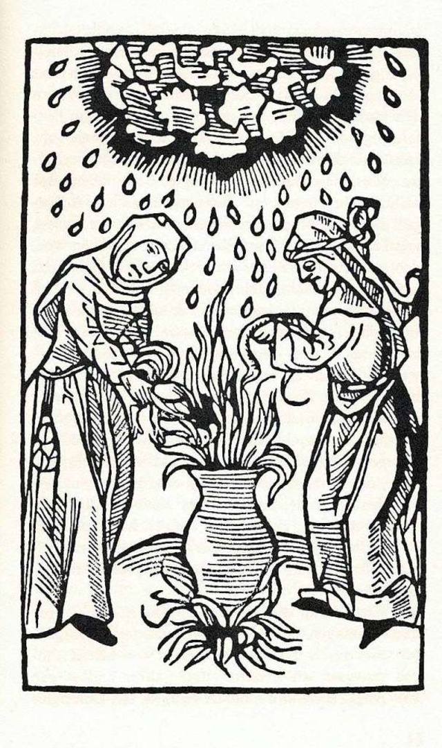 Zwei Hexen machen am Kessel Donner und Hagel. Ein Holzschnitt aus dem Jahr 1489.  | Foto: Ekkehard Klem