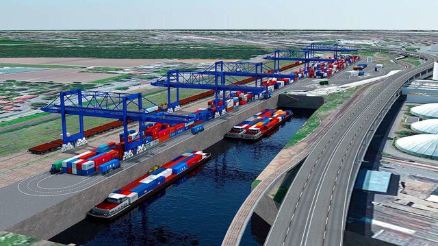 So knnte das Containerterminal Basel-...ifffahrt verbindet, dereinst aussehen.  | Foto: ZVG