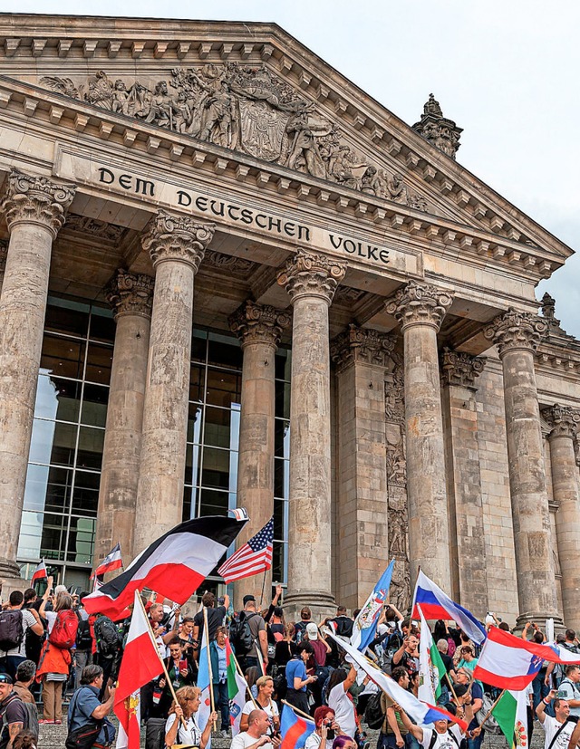 Demonstranten strmen die Treppe des Reichstagsgebudes.  | Foto: Achille Abboud (dpa)