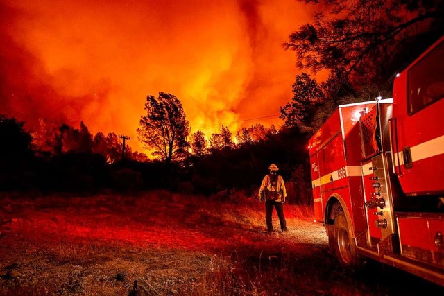 Ein Feuerwehrmann im Einsatz beim &#82...m kalifornischen Oroville am Mittwoch.  | Foto: JOSH EDELSON (AFP)