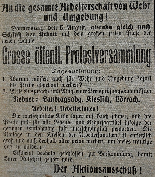 Im Sommer 1920 wurde in Wehr gegen teu...ise und zu geringe Lhne demonstriert.  | Foto: Hansjrg Bader