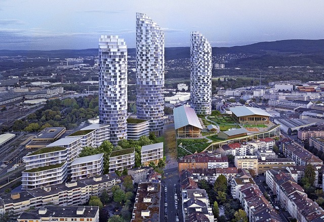 So soll das neue Quartier im Dreispitz...szentrums vor den Wohntrmen aussehen.  | Foto: Herzog & de Meuron