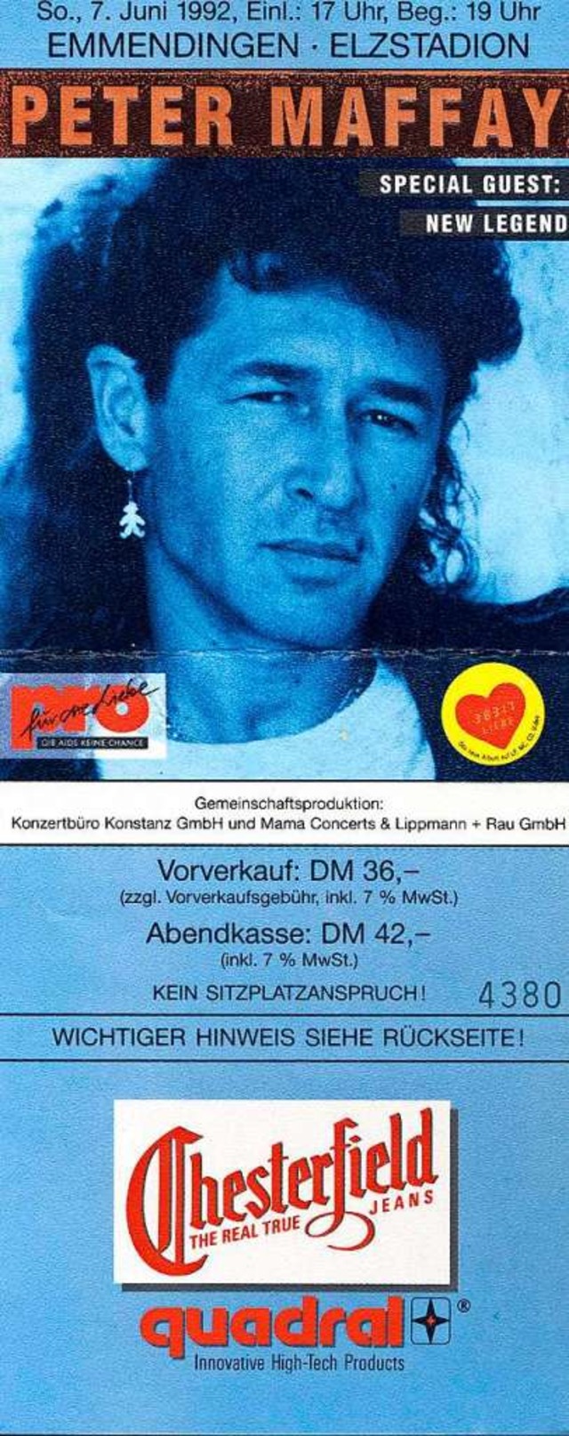 Ticket fr das Peter Maffay Konzert am 7. Juni 1992 im Elzstadion.  | Foto: privat