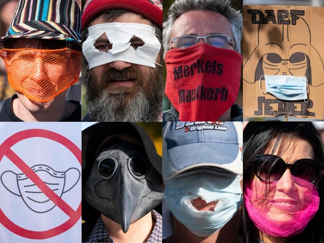 Solche Masken wurden aus Protest am vergangenen Samstag in Konstanz getragen.  | Foto: SEBASTIEN BOZON (AFP)