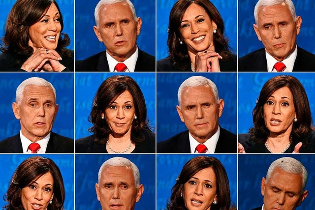 Kamala Harris, Kandidatin der Demokrat...ent Mike Pence whrend der TV-Debatte.  | Foto: ROBYN BECK, ERIC BARADAT (AFP)