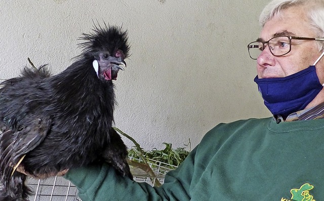 Manfred Schemmer mit einem Seidenhuhn  | Foto: Claudia Bachmann-Goronzy