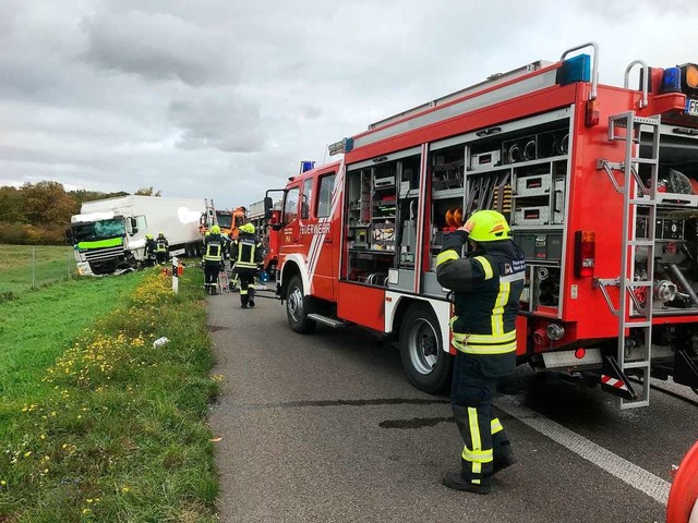 Der Unfall-Lkw kam von der Autobahn ab...r Bergung wurde die Autobahn gesperrt.  | Foto: Feuerwehr Neuenburg
