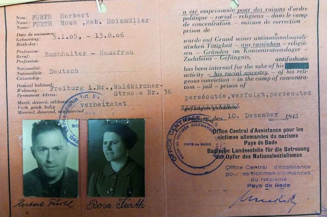 &#8222;Ausweis für die Opfer des Natio...mber 1945 für Herbert und Rosa Fürth    | Foto: Privat