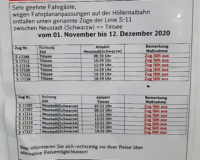 Dieser Aushang informiert ber die gestrichenen Zge.  | Foto: Klaus Hr