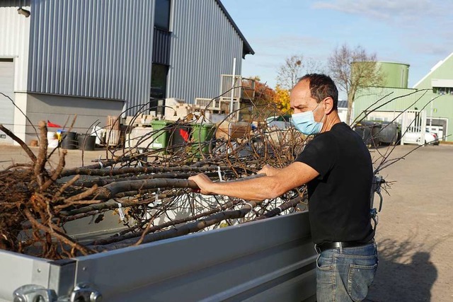 Reinhard Bohrer ldt seine neuen Obstbume auf einen Anhnger.  | Foto: Jannik Jrgens