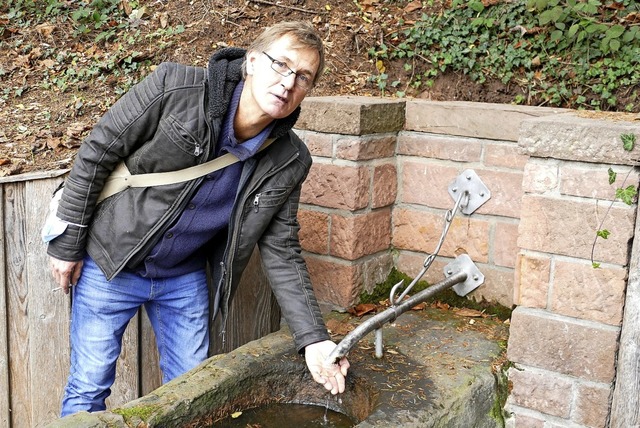 Problem Trockenheit: Volker Mller demonstriert es am Gieseneck-Brunnen.  | Foto: Mark Alexander