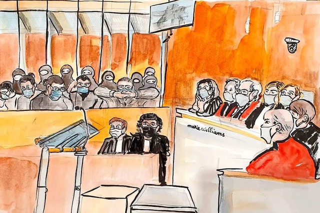 Gerichtsskizze von der Verhandlung geg...alichen Komplizen des Terroranschlags  | Foto: MARIE WILLIAMS (AFP)