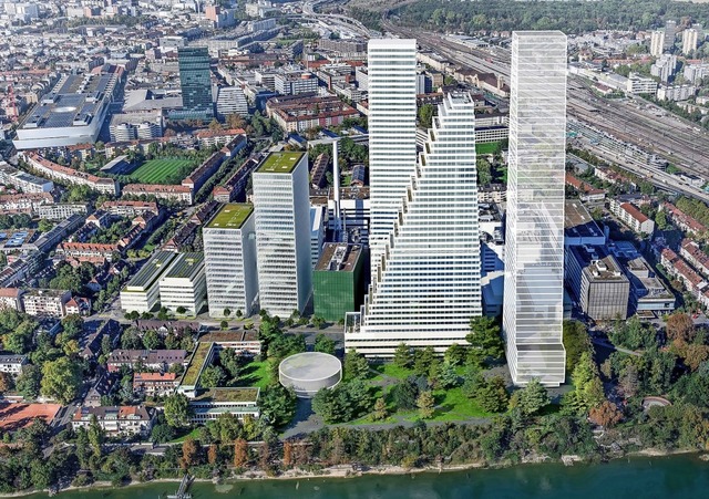 Die Vision von Herzog &amp; de Meuron mit dem dritten Hochhaus und Grnflchen   | Foto: Roche