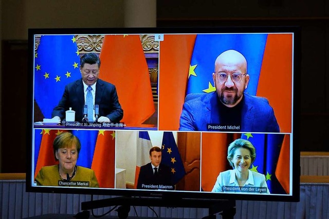 Verhandlungen am Bildschirm: Chinas Pr...rsidentin der Europischen Kommission  | Foto: Johanna Geron (dpa)