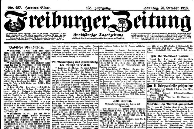 Die Titelseite der Freiburger Zeitung ... in Baden&#8220; vom 20. Oktober 1918.  | Foto: Freiburger Zeitung (Digitales Archiv der Universittsbibliothek Freiburg i. Br)