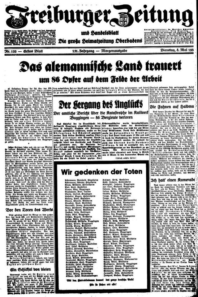 Am Tag nach dem tragischen Grubenbrand...ten Seite die Namen aller 86 Toten ab.  | Foto: Freiburger Zeitung