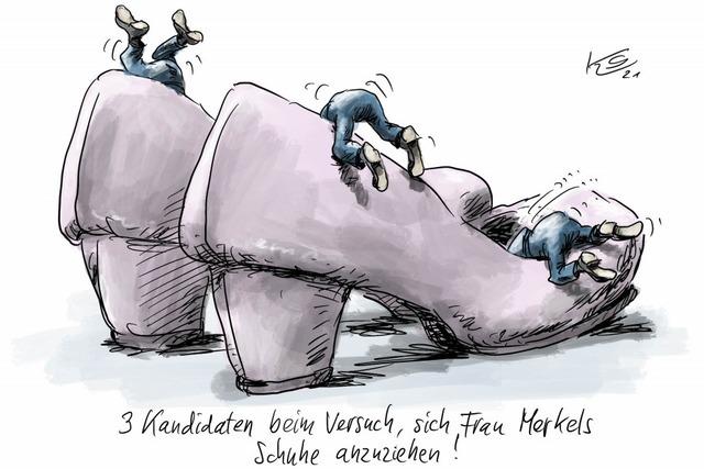 3 CDU-Kandidaten beim Versuch, sich Frau Merkels Schuhe anzuziehen