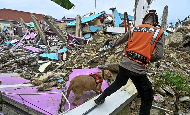 Helfer suchen in den Trmmern eines ei...rzten Krankenhauses nach berlebenden.  | Foto: Hariandi Hafid (dpa)