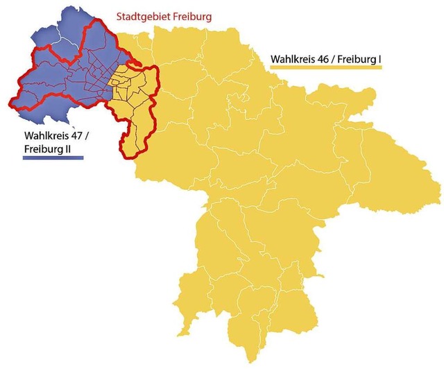 Das Freiburger Stadtgebiet gehrt, get... und Ost, zu zwei Landtagswahlkreisen. 