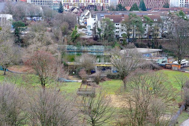 Blick auf das stillgelegte Auenbecken des Westbads vom Seeparkturm  | Foto: Ingo Schneider