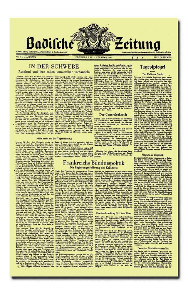 Im Zeichen der Weltpolitik stand die erste Seite der BZ am 1. Februar 1946.  | Foto: BZ