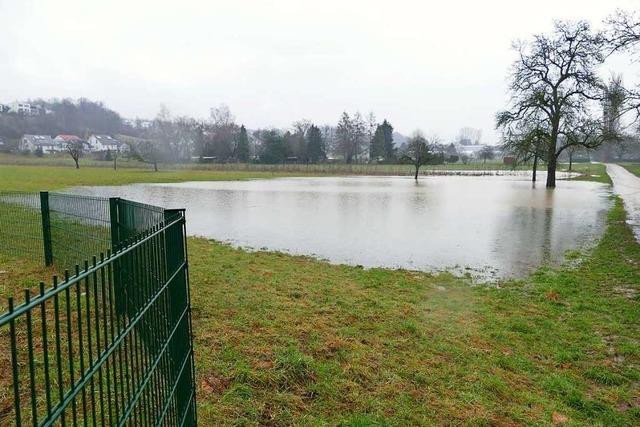 Nach dem starken Regen bilden sich in Rheinfelden Seen auf Wiesen