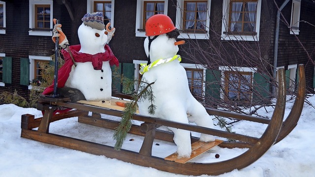 Auch Schneemnner fahren gerne Schlitt.... Ob sie Fasnacht noch erleben werden?  | Foto: Christiane Sahli