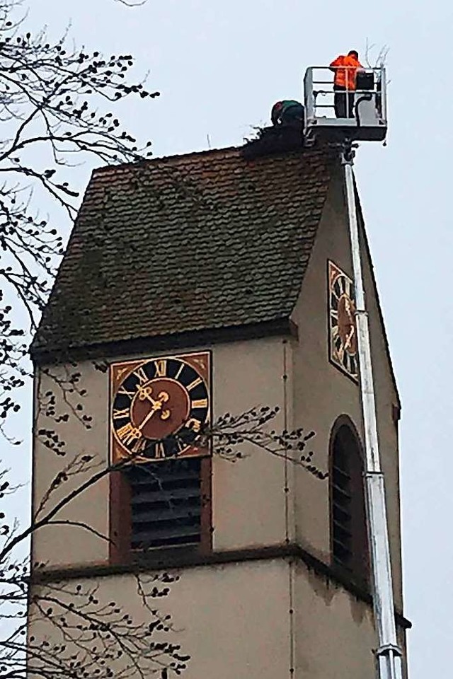 Auf der Lutherkirche wurde am Dienstag...rovisorisches Storchennest aufgesetzt.  | Foto: Jutta Schtz
