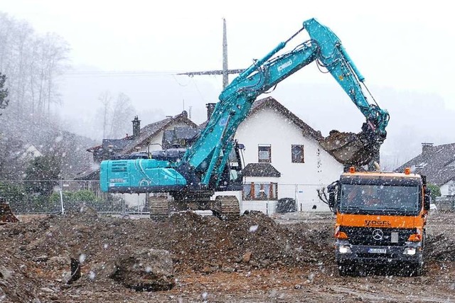 Bei Schneefall starteten am Montag die Aushubarbeiten in Hausen.  | Foto: Sarah Trinler