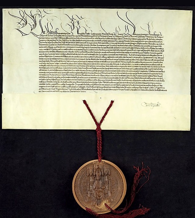 Mit dieser Urkunde verlieh der Kaiser 1471 Basel das Messeprivileg.  | Foto: StaBs, St. Urk. 1909 gr.
