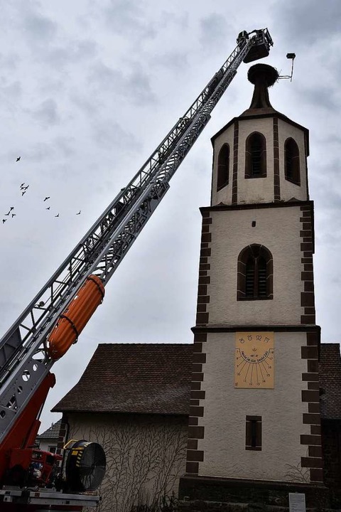 Die Drehleiter wird gebraucht, um das ...aligen Kirche St. Michael zu reinigen.  | Foto: Andrea Steinhart