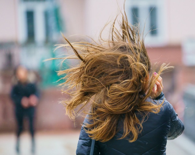 Eine Windbe wirbelt die Haare einer Frau durcheinander.  | Foto: Andreas Arnold (dpa)