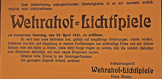 Die Wehrahof-Lichtspiele nahmen 1921 als zweites Wehrer Kino den Betrieb auf.     | Foto: Hansjrg Bader